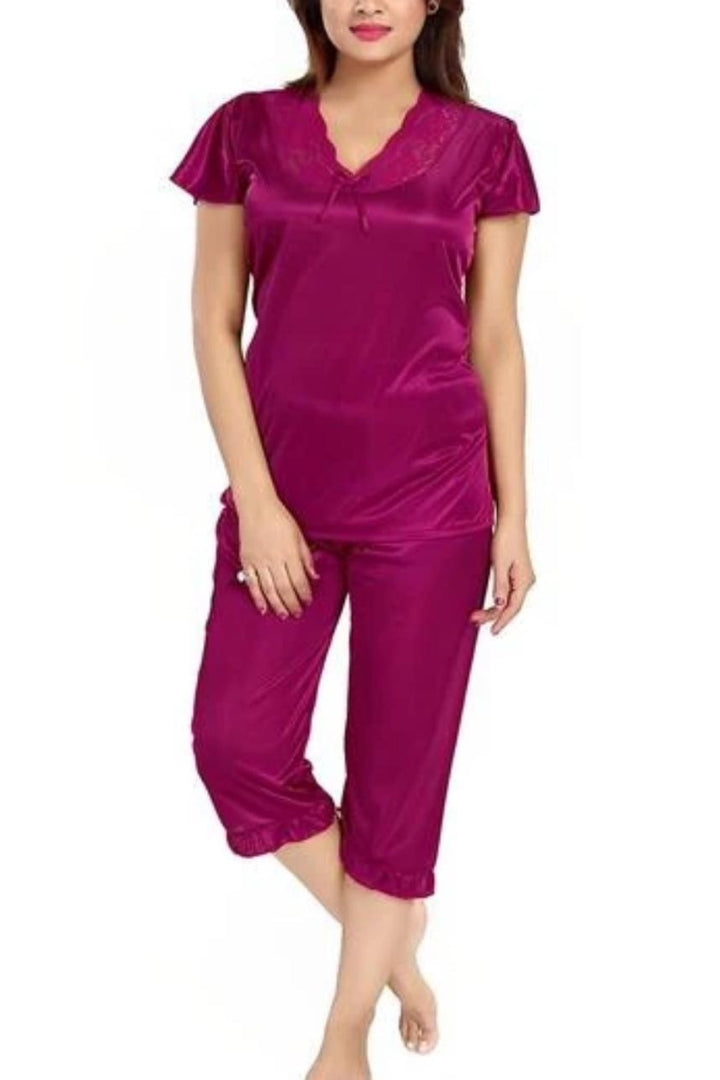 Women Soft Satin Top Capri Night Suit Set For Sleepwear Loungewear Set