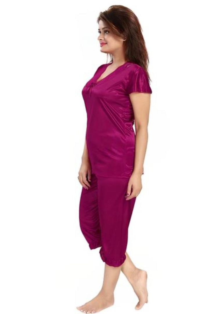 Women Soft Satin Top Capri Night Suit Set For Sleepwear Loungewear Set